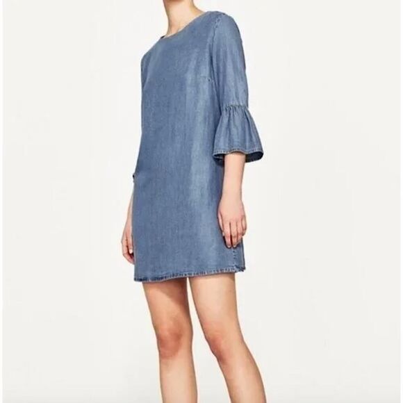 Zara Woman Premium Denim Collection chambray 3/4 bell sleeve dress Size Small - Picture 2 of 7